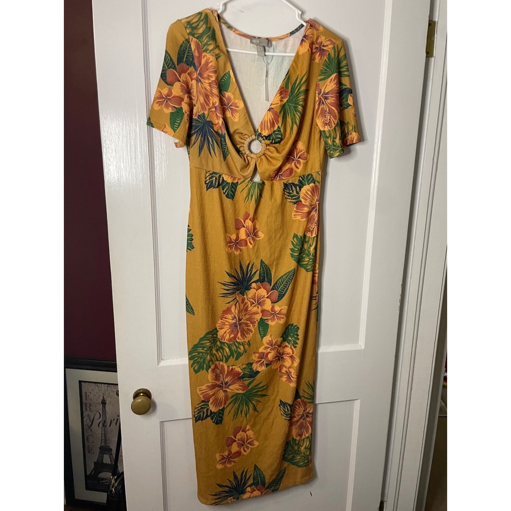 ASOS Mustard‎ Floral Print Midi Dress with O-Ring Cutout - Women's Size 10